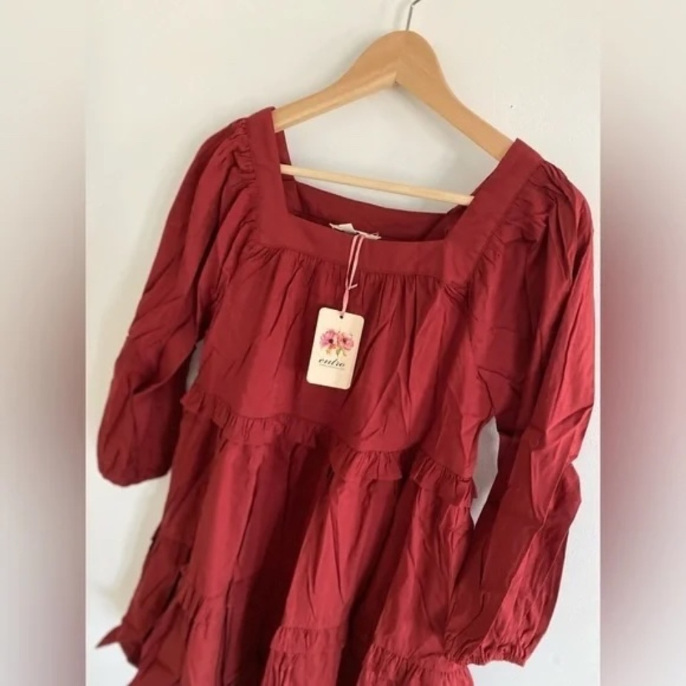ENTRO Lava Red Boho Tiered Mini Dress 3/4 Sleeve - Picture 5 of 14